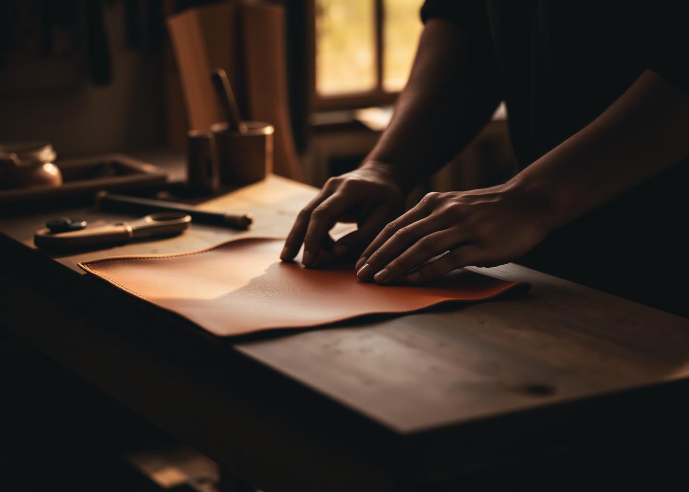 An artisan working a sheet of leather at a wooden bench