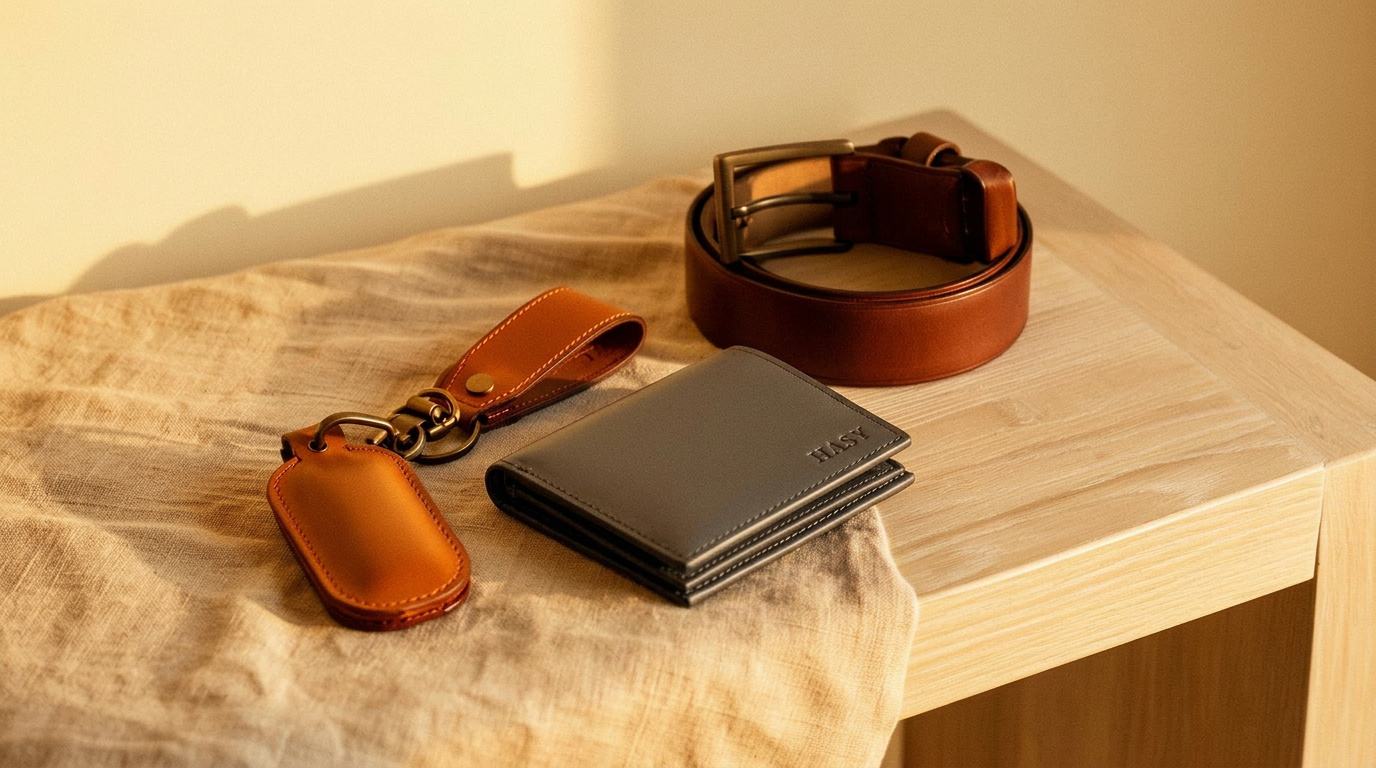 HASY leather accessories arranged on warm linen and oak